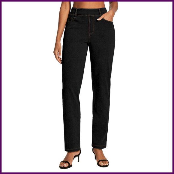 High Waisted Pull On Straight Leg Jeans Stretchy Denim Pants Women